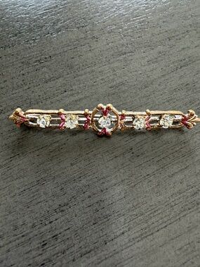 Vintage 1900’s Gold Bar Pin with Clear Rhinestones and Rose Accents